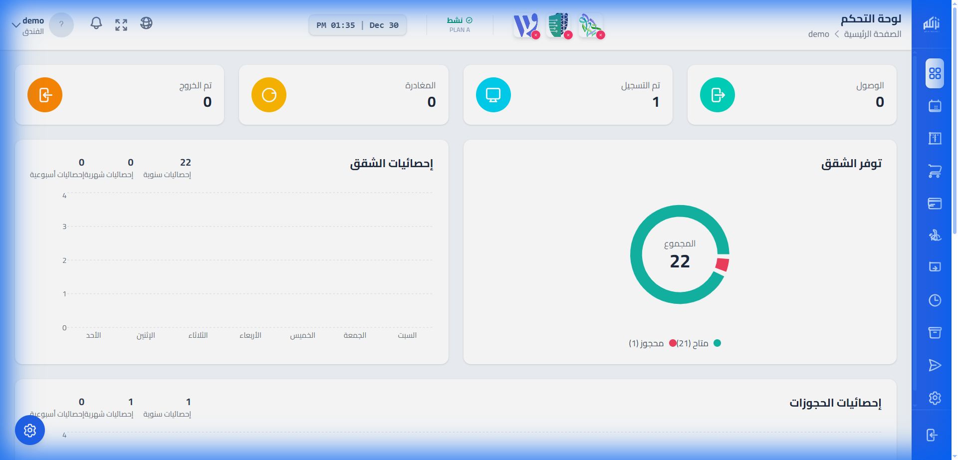 واجهة برنامج نزلكم - لوحة المعلومات الرئيسية